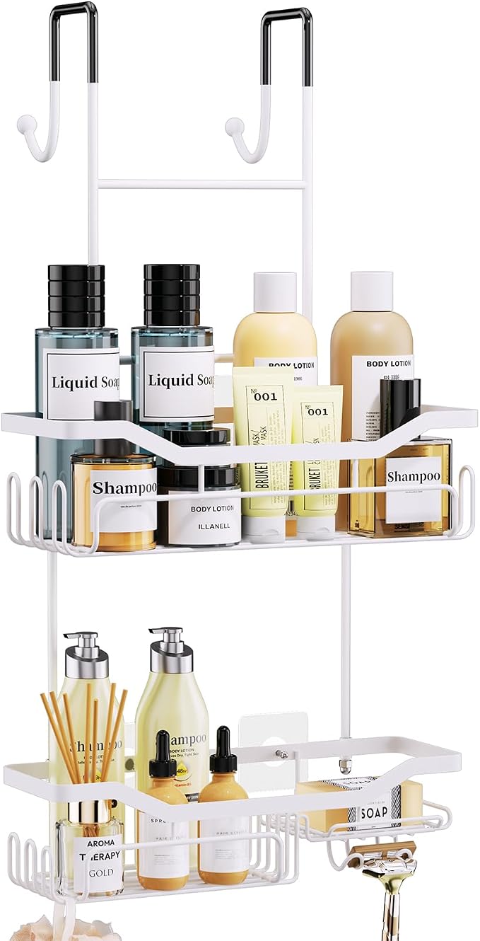 HapiRm Hanging Shower Caddy Over the Door with Soap Holder, No Drilling Adhesive Shower Organizer with 11 Hooks, Rustproof & Waterproof 304 Stainless Steel Bathroom Shelves - White by HapiRm