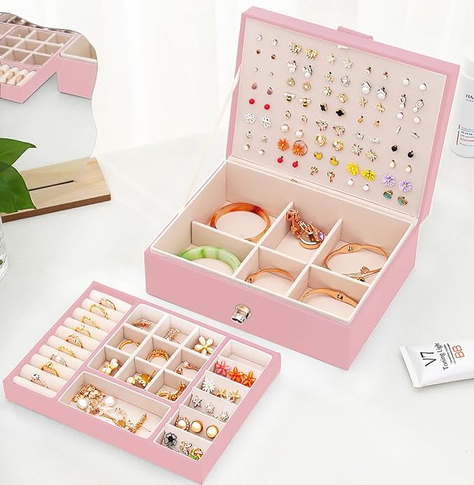 QBestry Girls Jewelry Box Earring Holder Organizer for Girls Earring Organizer Teen Jewelry Box Organizer for Girl Pink jewelry Boxes for Earrings Necklaces Rings Stud Earrings Box Organizers Teens - Image 4