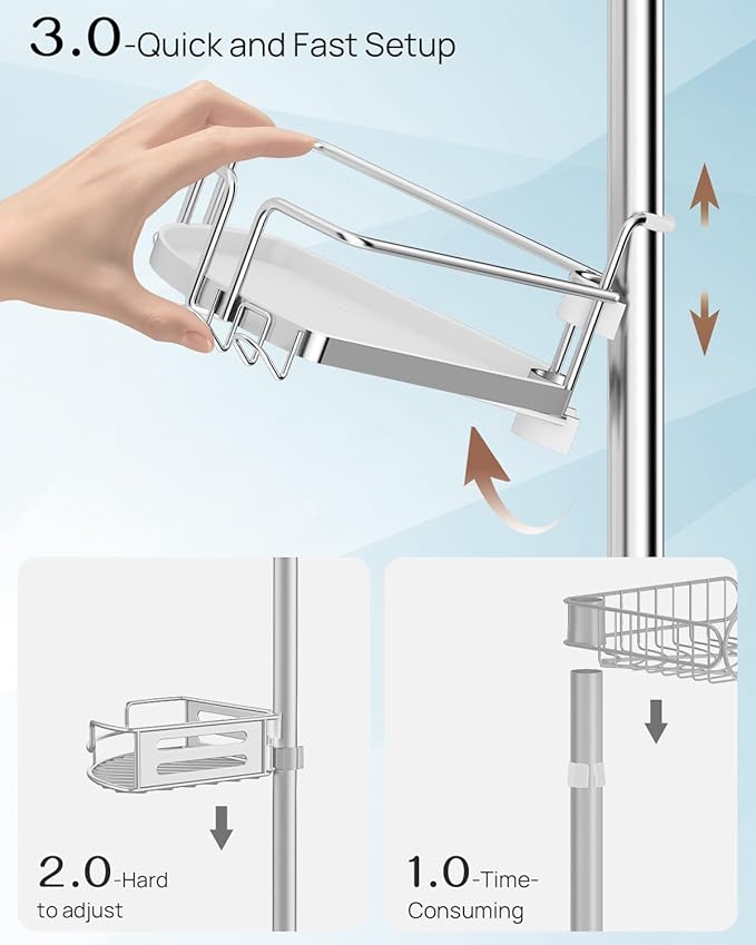 ALLZONE Corner Shower Caddy Tension Pole, 4 Hang-On Basket with Mixed-Height Shelves for Various Bottle Sizes, Extra Hooks & Soap Holder, Rustproof Stainless Steel, Fits 34–116 Inch, Silver/White - Image 2