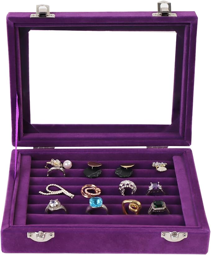 Jewelry Box Rings Organizer Tray 7 Slots Velvet Jewelry Earring Storage Box With Transparent Lid Jewelry Display Case for Girls Women (Purple) - Image 2