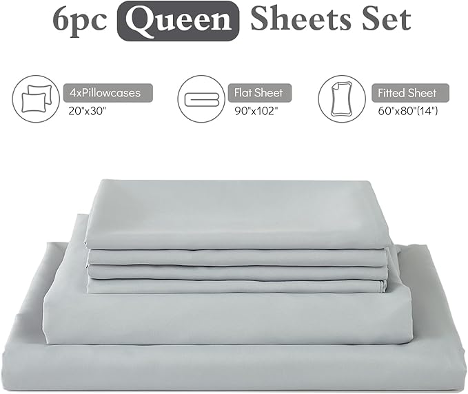 ILAVANDE Queen Sheets Set 6 Piece,Hotel Luxury Super Soft 1800 Series Microfiber Queen Bed Sheets Set-Wrinkle Free & Breathable-14 Deep Pocket Sheets for Queen Size Bed(Queen,Light Grey)