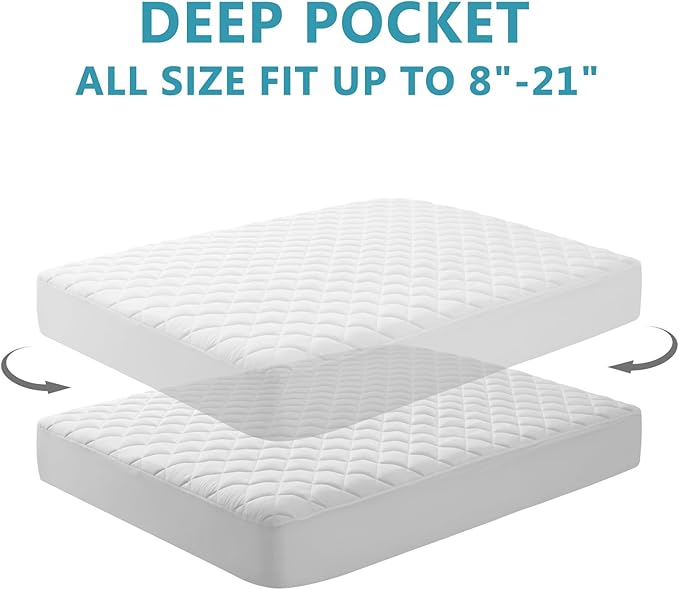 Full Size Quilted Fitted Mattress Pad Cover, 100% Waterproof Mattress Protector, Deep Pocket Fitted 8" - 21", Breathable & Noiseless, Soft and Comfortable (54" x 75", White)