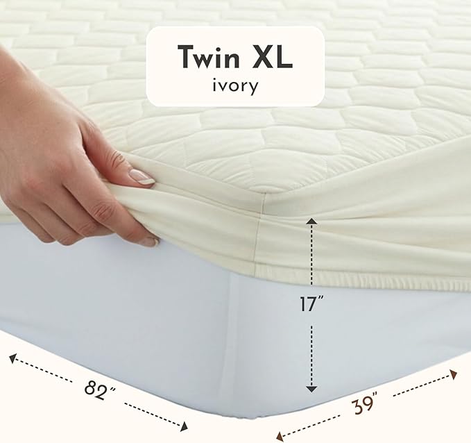 100% Cotton Organic Mattress Protector | Breathable & Noiseless GOTS Organic Mattress Pad with Premium 300GSM Durability | Machine Washable Quilted Bed Protector with Deep Pocket (Ivory, Twin XL)