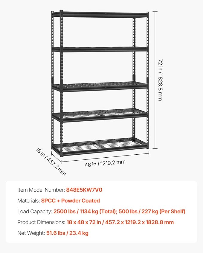 VEVOR Storage Shelves, 2500 lbs, 5 Tier Heavy Duty Garage Shelving, 18" D x 48" W x 72" H Adjustable Metal Shelves for Industrial Shelving Unit Utility Shelf, for Kitchen, Warehouse, Basement, Black - Image 3
