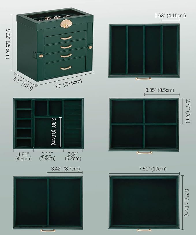 Enthralite Jewelry Box with 4 Drawers: Display Organizer for Earrings Necklaces - Gifts for Girls Women (Forest Green) - Image 2