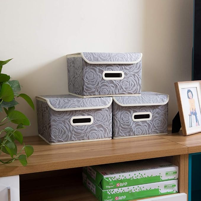 PRANDOM Collapsible Storage Boxes with Lids Fabric Decorative Storage Bins Cubes Organizer Containers Baskets with Cover Handles Divider for Bedroom Closet Living Room 9.8x7.9x6.7 Inch 3 Pack - Image 3