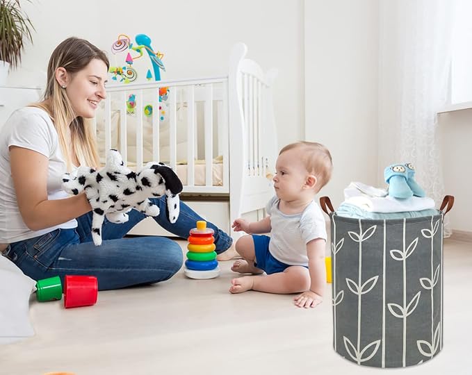 HIYAGON Large Storage Baskets,Waterproof Laundry Baskets,Collapsible Canvas Basket for Storage Bin for Kids Room,Toy Organizer,Home Decor,Baby Hamper (Grey leaves) - Image 3