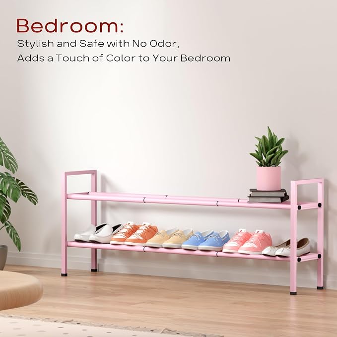 Bumusty 2-Tier Long Expandable Shoe Rack for Closet, 18"-44" Adjustable Shoe Rack for Entryway, 10-12 Pairs Large Shoe Organizer Shelf Storage, Sturdy Metal, Pink - Image 4