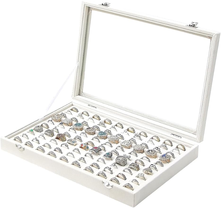 Ring Holder Organizer Box, Jewelry Display Case, Earring Necklace Storage Tray With Top Glass Lid (Beige, 100 Slots) by Ausalivan