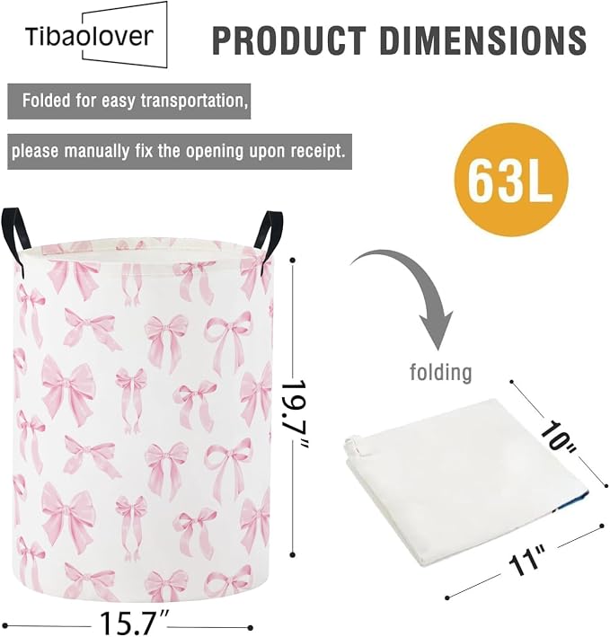 Baby Laundry Basket Baby Nursery Hamper Kids Laundry Basket Toy Storage Bin for Boys Room Decor Gift Baskets for Bedroom Bathroom(Pink Bowknot) - Image 6