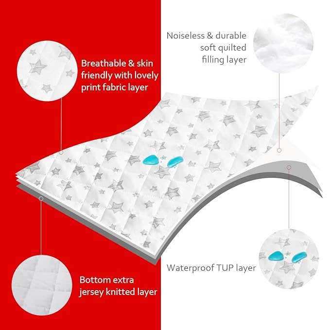 Crib Mattress Protector Waterproof, Quilted Crib Mattress Pad Cover 52" x 28" Extra Soft Breathable Toddler Bed Cover Stretch Up to 8", White Star