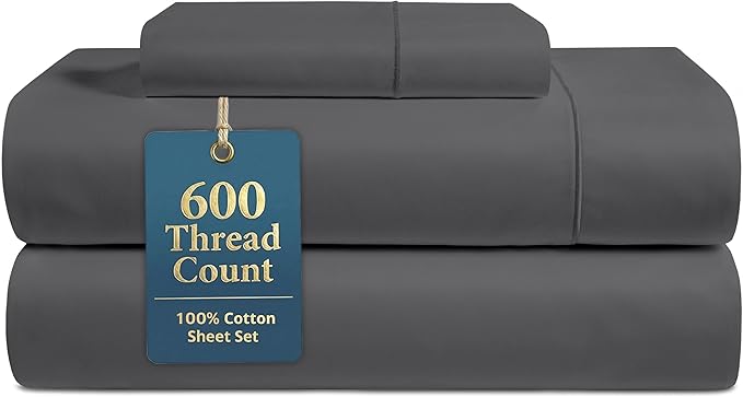 LANE LINEN Twin XL Sheets Set - 600 Thread Count Premium Sateen Weave for Smooth & Gentle Feel On Skin - Extra Soft & Breathable 100% Cotton Sheets Set - Fits Mattresses Upto 15'' Deep - Charcoal