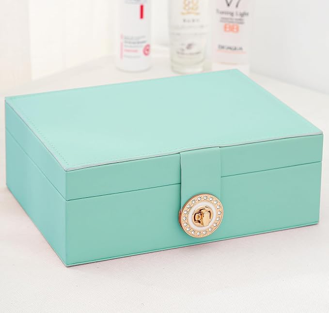 Earrings Jewelry Box for Girls, Large Capacity Jewelry Organizer with 40-Pair Earring Board, 2-Layer Leather Jewelry Storage Box for Necklaces Rings Bracelets with Removable Tray(Gift Idea),Turqueoise - Image 3