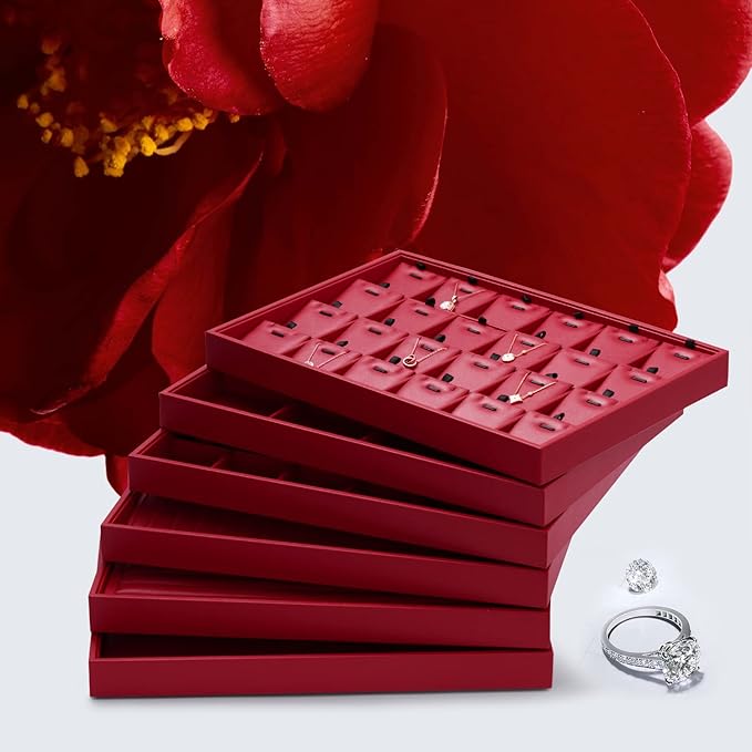 Oirlv Gorgeous Red Leather 24 Gird Jewelry Tray Stackable Jewelry Drawer Organizer Rings Earrings Organizer Storage - Image 3