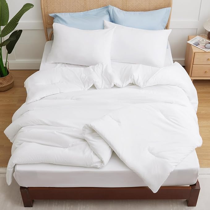 CozyLux White Queen Comforter Set, 3 Pieces Solid Breathable Quilted Boho Style Bedding Sets, Luxury Fluffy Soft Bed Set with Down Alternative Comforter for All Season (1 Comforter & 2 Pillowcases)