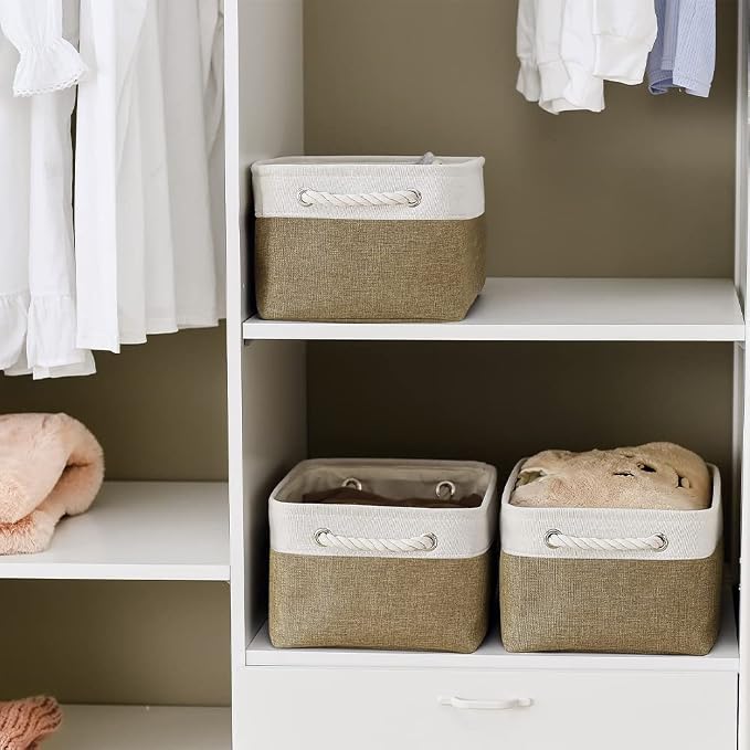 TheWarmHome Storage Basket for Shelves - 1 Pack 14x10x6.7 inch Collapsible Storage Bins Storage Boxes for Organizing for Laundry Closet Gift Cloth Nursery (Whiet & Khaki) - Image 2