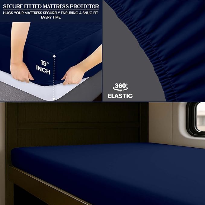 SGI bedding Waterproof RV Bunk Cot Bed Mattress Protector 31"x75" for Narrow Twin Camping Bed Mattress Pad Cover, Truck Sleeper & RV Beds - Soft, Noiseless, Breathable, 15" Deep Pocket - Navy Blue