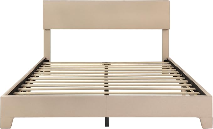 SHA CERLIN Upholstered Full Size Bed Frame with Adjustable Headboard, Stable Mattress Foundation, Strong Back-Support, No Box Spring Needed, Beige