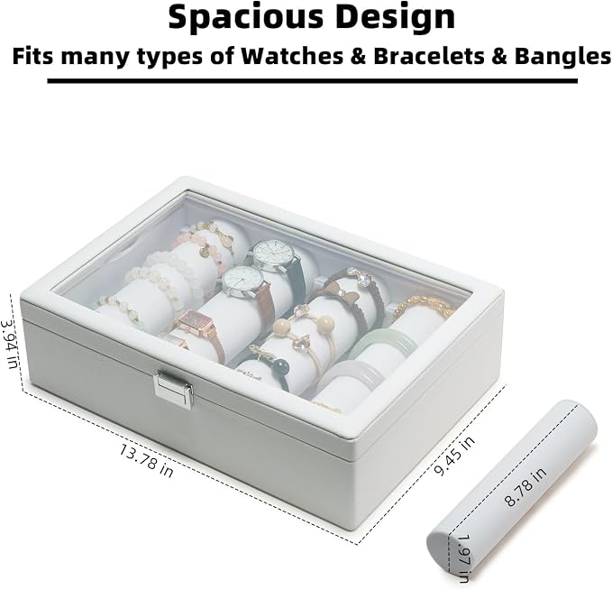 Bracelets Organizer Rods Bangles Display Holder, Clear See through Lid Leather Velvet Jewelry Storage Box Case for Women, 4 Rods White Leather - Image 2