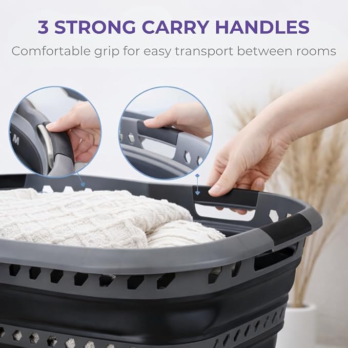 Laundry 360 Collapsible Laundry Basket 40L | Portable | Space Saver Storage | Hold 2 Loads | Store Under the Bed or Closet | Good for Kids | Dorm | Bedroom | Large | Grey/Black - Image 4