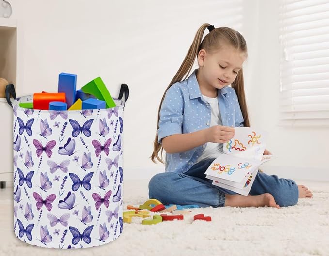 Butterfly Laundry Basket Kids Hamper for Nursery Boy and Girl Hamper Cute Kids Toys Storage Bin Organizer Room Decor for Home(Purple Butterfly) - Image 4