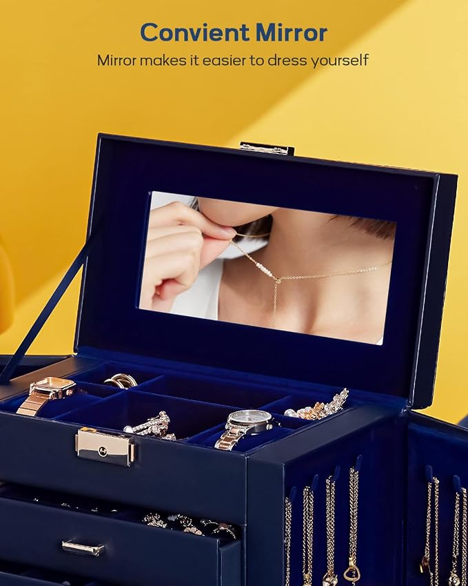 Homde Mothers Day Gifts Synthetic Leather Huge Jewelry Box Mirrored Watch Organizer Necklace Ring Earring Storage Lockable Gift Case (Dark Blue + Gold) - Image 7