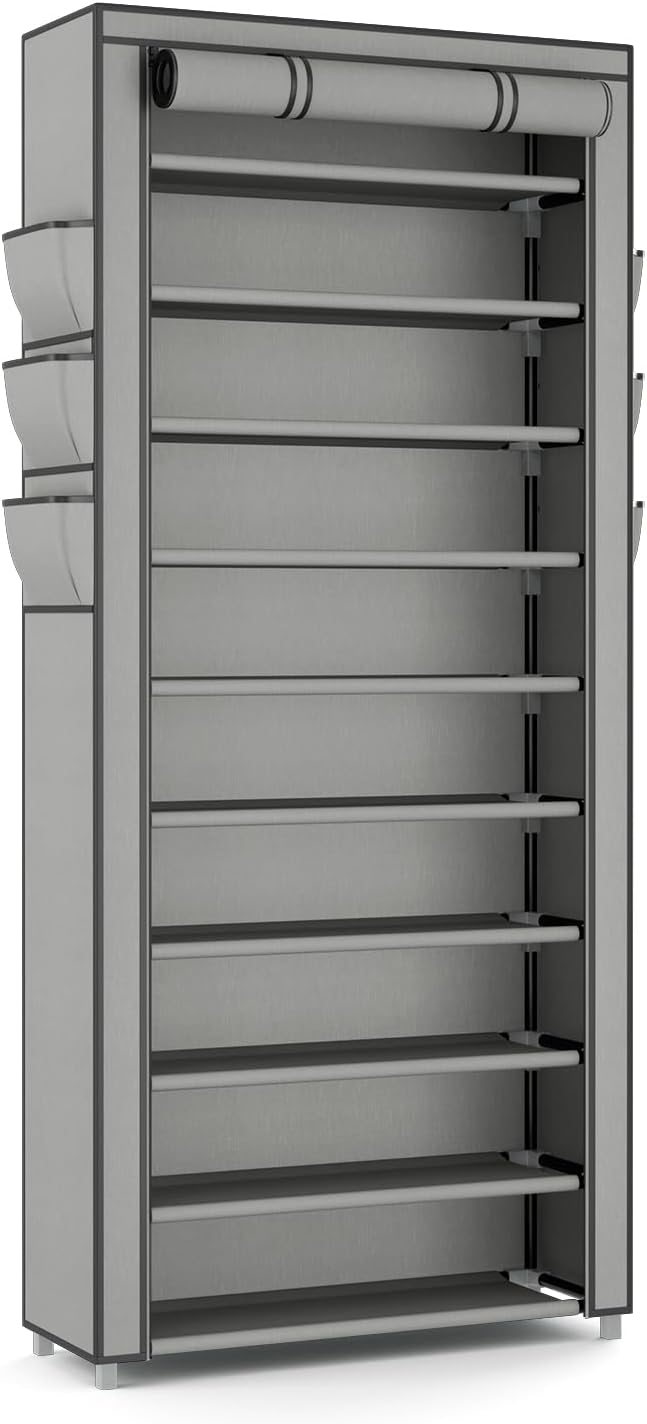 VTRIN Vertical Narrow Shoe Rack Organizer Tall Shoe Rack for Closet Entryway 10 Tier Non-Woven Cover Shoe Shelf Holds 36-41 Pairs Free Standing Shoe Storage Cabinet with Dustproof Cover, Grey - Image 8