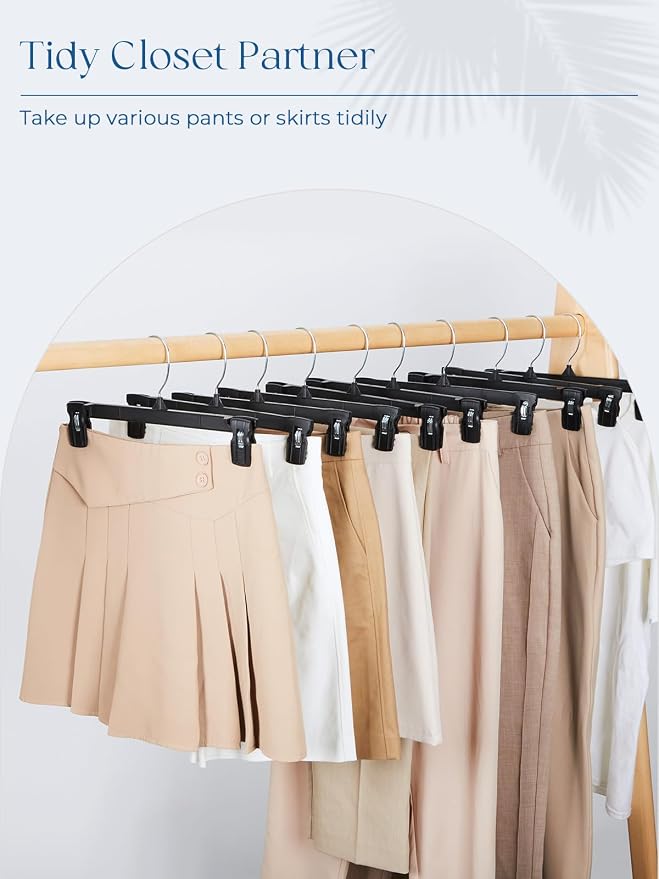 Smartor Space Saving Skirt Hangers - 150 Pack, Slim Plastic Pants and Shorts Hangers, Ridged Non-Slip with Pinch Clips, Black Clip Hanger for Women, 360-Rotating Chrome Swivel Hook, 12 Inches - Image 4