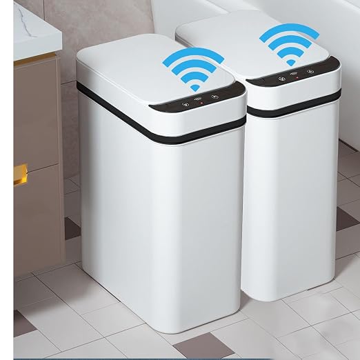Yatmung 2 Pack - 2.5 Gallon Smart Trash Can Sensor Motion Slim Touchless Bathroom Trash Can - Skinny Trash Bin with Lid - Electric, Narrow, Plastic, Auto Open - Small Automatic Garbage Can (White) by Yatmung