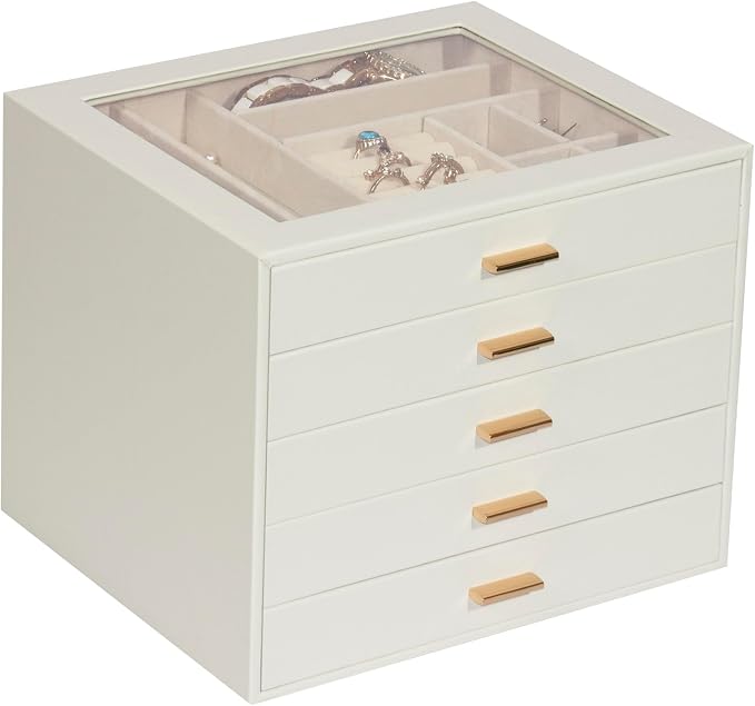 Jewelry Box with Glass Lid, 5-Layer Jewelry Organizer for Women Girls, PU Leather Display Case with 20-Grid Earring Tray & Movable Dividers for Necklaces Rings - Cloud White by Unknown