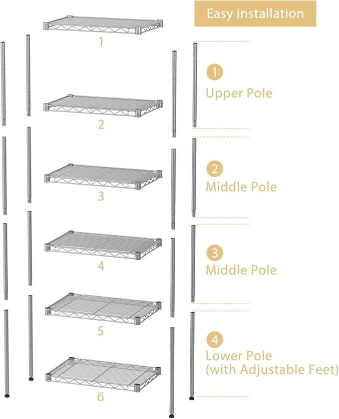 SINGAYE 6 Tier Shelf Wire Shelving Adjustable Storage Shelves Rack Standing Units for Kitchen Closet Laundry Bathroom Organizers Metal Pantry Narrow Mesh Gaps 10" D x 16" W x 60" H Gray - Image 4