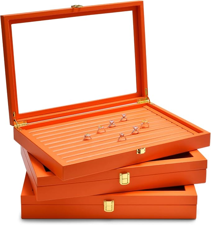 Oirlv Clear Lid Flat Jewelry Tray Stackable Display Storage Box Premium Leather Drawer Insert Jewelry Display Box for Rings Earrings Necklaces Bracelet Women Gift - Image 8