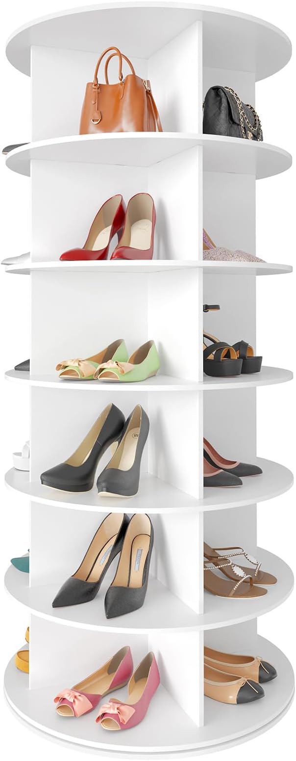 SpaceAid 6 Tier Rotating Shoe Rack Tower, Spinning Shoe Display Lazy Susan, Revolving 360 Shoe Rack Storage Round Carousel, Vertical Handbag Rotate Shoes Closet Organization (6-Tier White) by SpaceAid