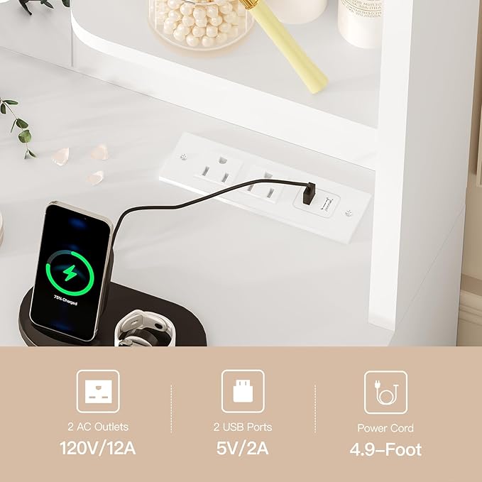 FIONESO Large Vanity Desk with LED Lighted Mirror & Power Outlet, Makeup Vanity Table with 7 Drawers,4 Shelves and 5 Hooks, White Vanity for Bedroom, Bathroom