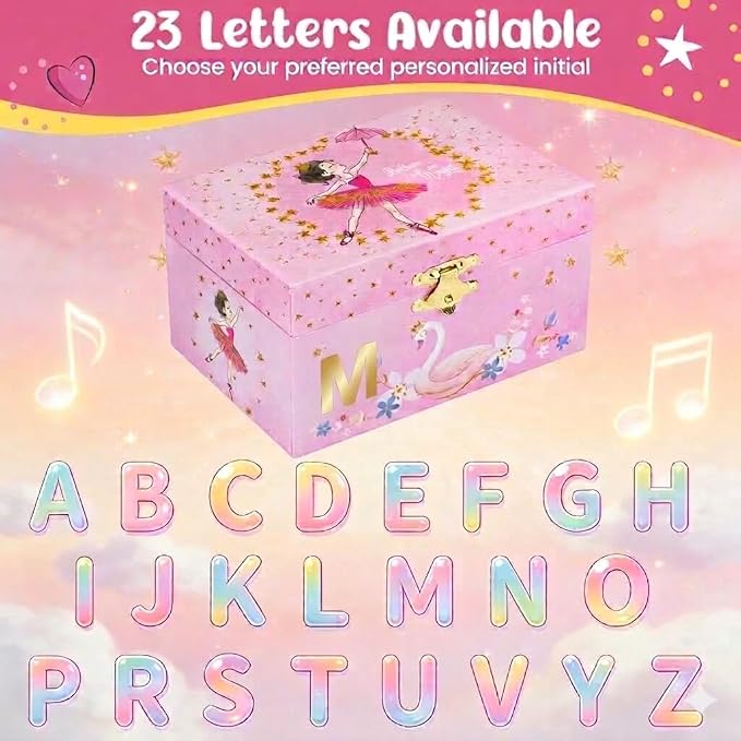 Magical M Initial Pink Ballerina & Swan Music Box - Custom Girl's Jewelry Box with Mirror & Music, Set Includes Matching Necklace & Bracelet, Special M Letter Jewelry Box for Girls - Image 5