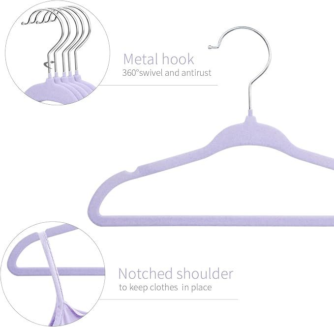 ManGotree 11" Baby Velvet Hangers, Non-Slip Kids Coat Hangers with 360° Swivel Hook, Ultra-Thin Felt Children's Hanger for Infant & Toddler Clothes, 15 Pack (Purple) - Image 4