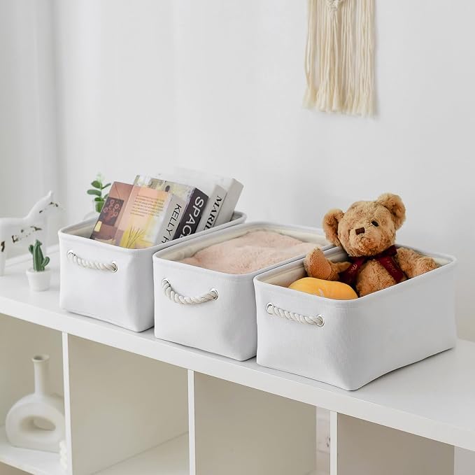TheWarmHome Storage Bins for Shelves - Medium 3Pack 13.8L*9.8W*6.7H inch Fabric Storage Cubes Canves Storage Basket for Organizing Toys Baby Clothes Gift Dog (White) - Image 3
