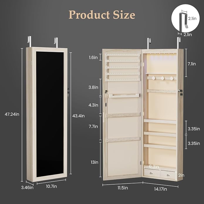 DUMOS 6 LEDs Mirror Jewelry Cabinet, Wall or Door Mounted Jewelry Organizer, 47.2-Inch Tall Lockable Large Capacity Cosmetic Storage, Gift Idea - Image 2