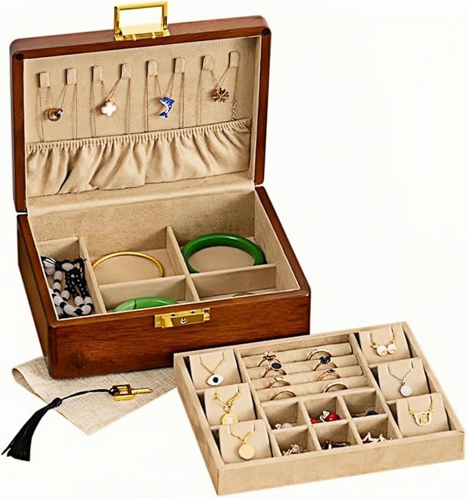 Wooden Jewelry Box with Lock, Double Layer Solid Walnut Wood Jewelry Organizer with Key Velvet Lining for Earrings Rings Necklaces Bracelets Cufflink Pendants Gift Idea Men Women by LIBOLXSP