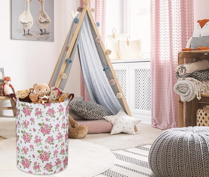 HIYAGON Roses Pink Laundry Basket Baby Girls Laundry Hamper Kids Toy Storage Bins Organizer Gift Basket Pink Rose Bedroom Decor Bathroom(Pink Rose) - Image 6