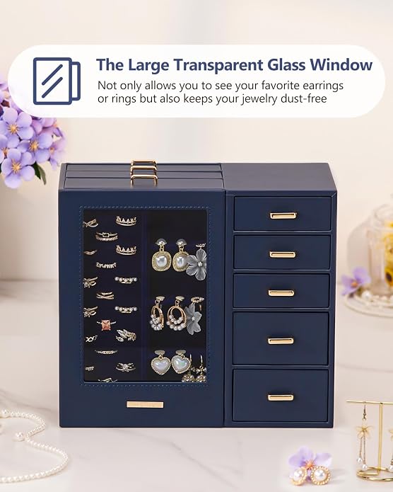 Homde Large Jewelry Box/Organizer/Case with Glass Window, Drawers for Necklaces Earrings Rings Bracelets Watches Gift for Women Girls - Image 2