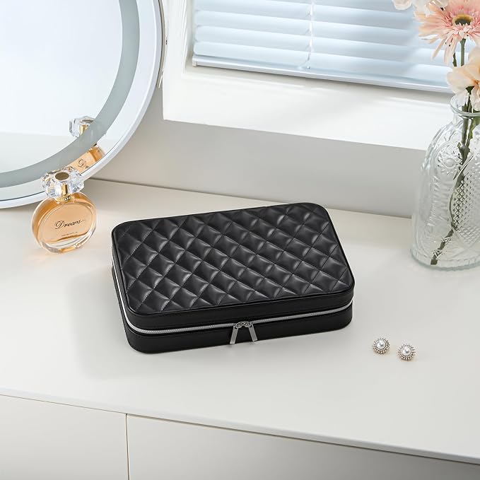 Lolalet Travel Jewelry Case for Women Girls, Travel Jewelry Organizer Box with Mirror & Clear Storage Bag, Small Portable Earring Necklace Bracelet Ring Case, Birthday Valentine Gifts -Large, Black - Image 6
