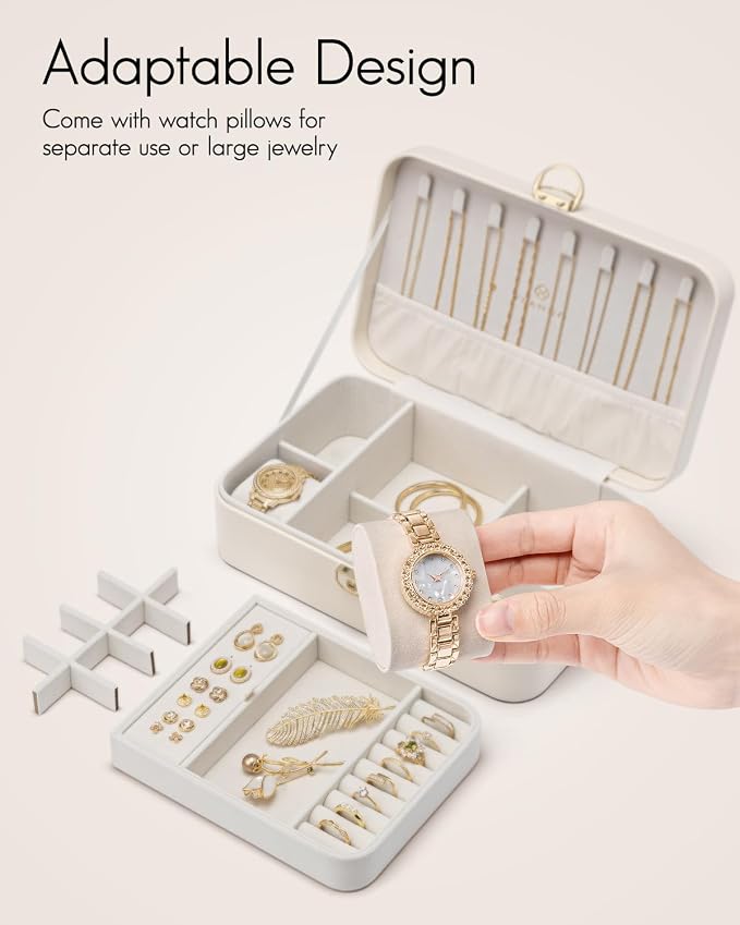 VLANDO 2 Layer Jewelry Box,Jewelry Organizer Storage Lockable Earring Organizer Removable Jewelry Tray with Watch Pillow for Neckable Ring Bracelets-Cream White - Image 2