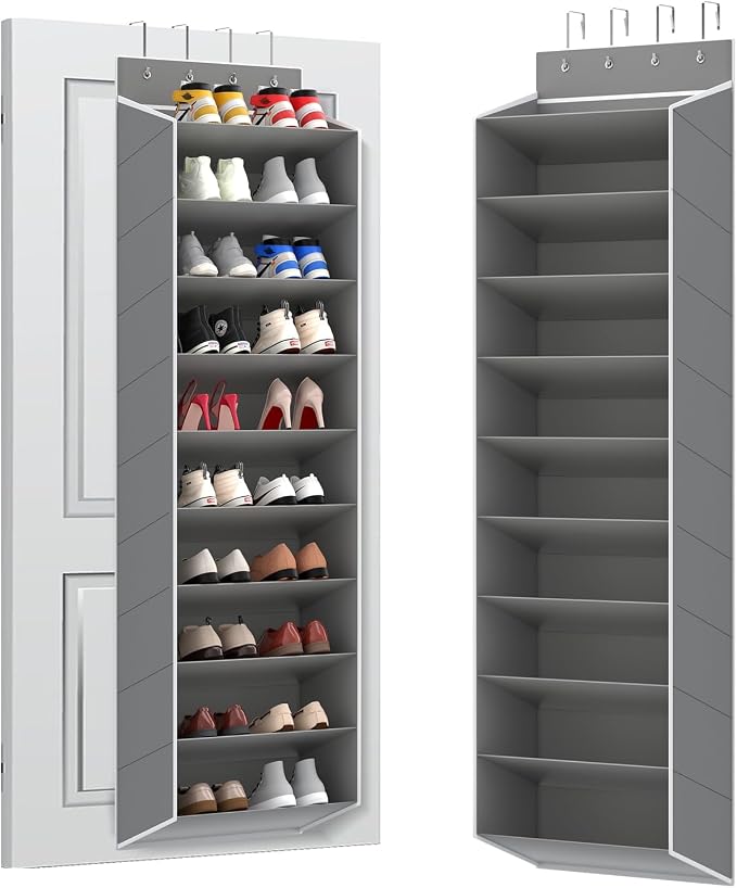 REGELETO 10 Tiers Large Size Over Door Shoe Organizer Storage, Hanging Shoe Rack for Door with Deep Pockets, Fit 20-30 Pairs Shoe Organizer Holder for Sneakers and Boots (Grey) by REGELETO