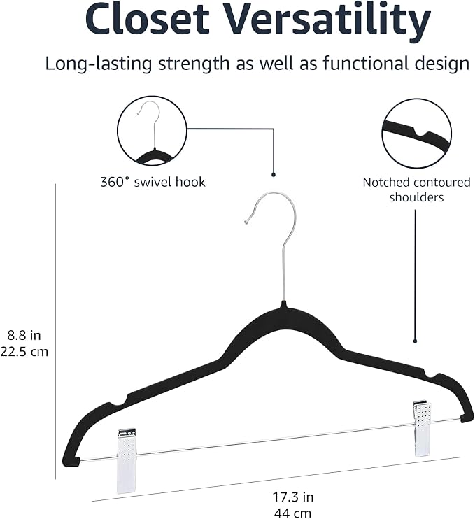 Amazon Basics Velvet Non-Slip Skirt Clothes Hangers with Clips, 360 Degree Rotatable Hook, Sturdy Construction, Organize Pants and Skirts, Black/Silver, 50-Pack - Image 5