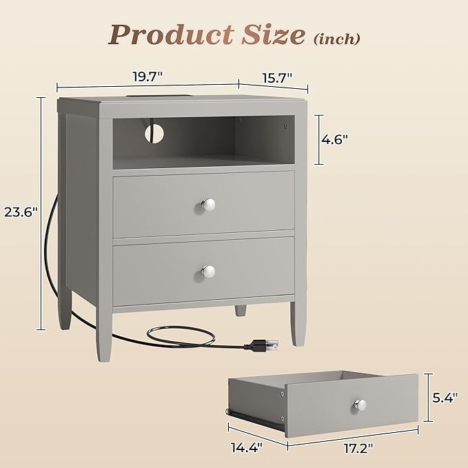 Huuger Grey Nightstand Set of 2, Night Stand with Charger Station, Bedside Table with 2 Drawers, Bed Side Tables for Bedroom, Modern Nightstands, Metal Knobs, Painted Surface