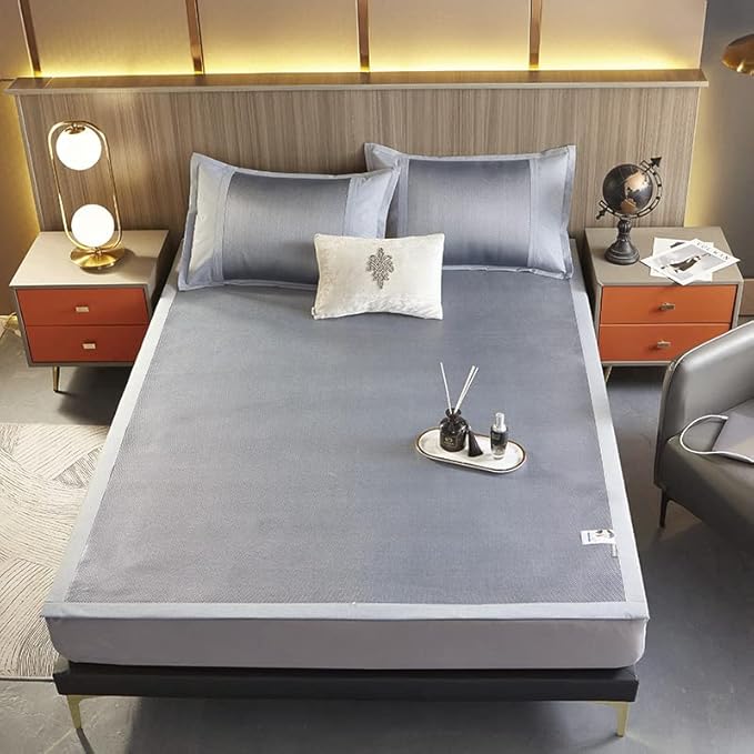 Square Cooling Bedding Mat,Ice Silk Rattan Matting,Foldable Jacquard Mixed Ice Silk & Rattan Mat,冰藤席 (Blue, Full)