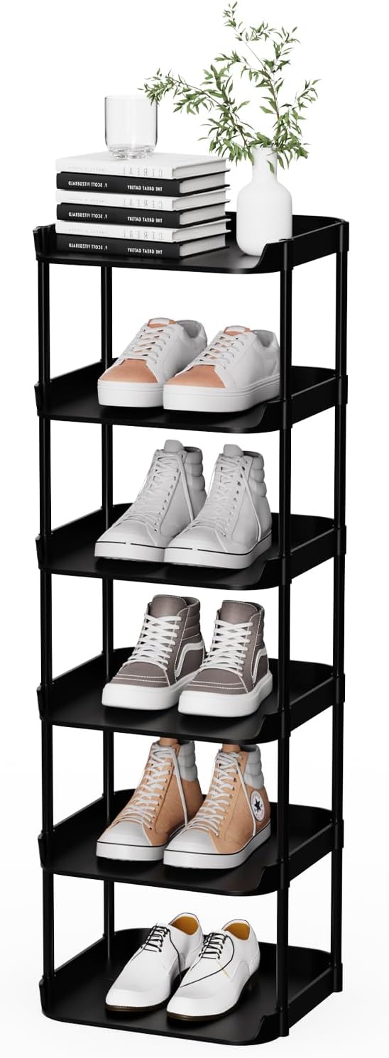 6 Tier Vertical Narrow Shoe Rack, Stackable Tall Skinny Shoerack, Compact Single Shoes Storage Tower for Slim Space, Corner Plastic Shelves, for Hallways, Entryway, Bedrooms Organizer, Black by Unknown