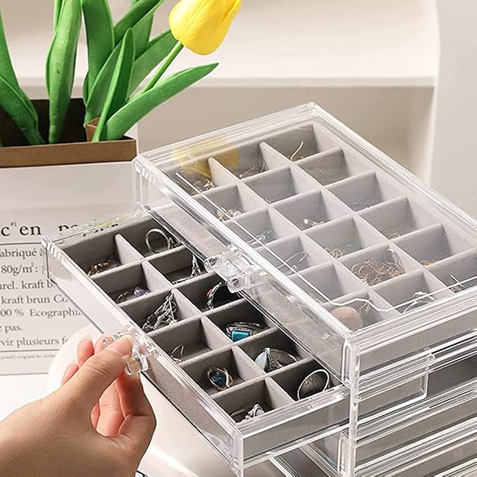 YUFONG Earring Organizer Box Acrylic Jewelry Organizer with 3 Drawers 54 Adjustable Grids Clear Stackable Earring Holder Velvet Trays Ring Display Case for Women Girls (Gray) - Image 5