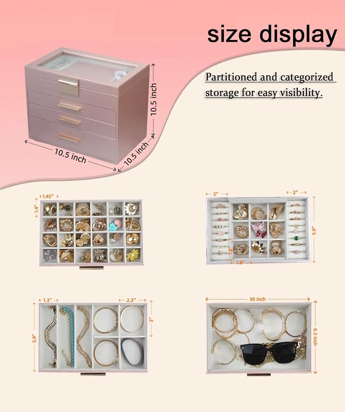 BOOVO Jewelry Boxes for Women, White and Black 6 Layer Large Jewelry Box for Necklace, Bracelet, Earrings, Rings Storage, Jewelry holder Organizer for Girls Gift (Rose gold, 4 layer) - Image 4